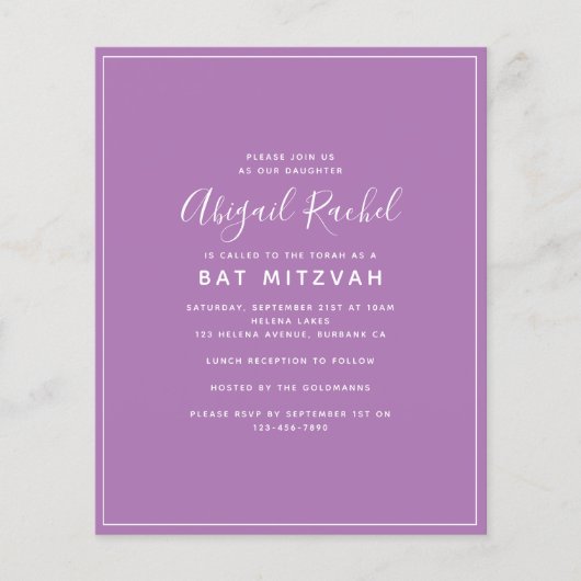 Paarse Moderne Begroting Bat Mitzvah Uitnodiging (Voorkant)