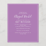 Paarse Moderne Begroting Bat Mitzvah Uitnodiging<br><div class="desc">Een eenvoudig modern ontwerp **GELIEVE TE LEZEN VÓÓR AANKOOP** Ons verzoekschrift bevat een groot aantal budgetkantoorbenodigdheden van 4, 5 x 5, 6 inch en past in een A6-envelop, die beschikbaar is in allerlei kleuren in uw lokale kantoorwinkel, of u kunt witte aan uw bestelling toevoegen voordat u afhandelt. De kartonnen...</div>