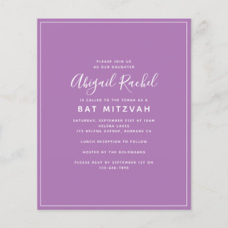 Paarse Moderne Begroting Bat Mitzvah Uitnodiging