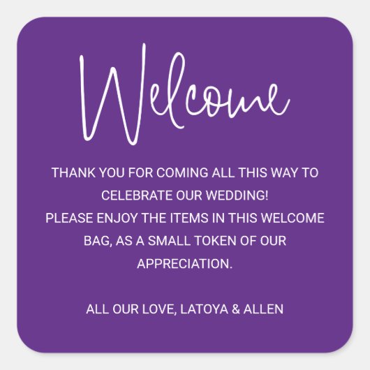 Paarse moderne bruiloft welkomstgeschenkmand vierkante sticker (Voorkant)