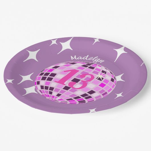 Paarse moderne Disco Mirror Ball 13th Birthday Papieren Bordje (Gekanteld)