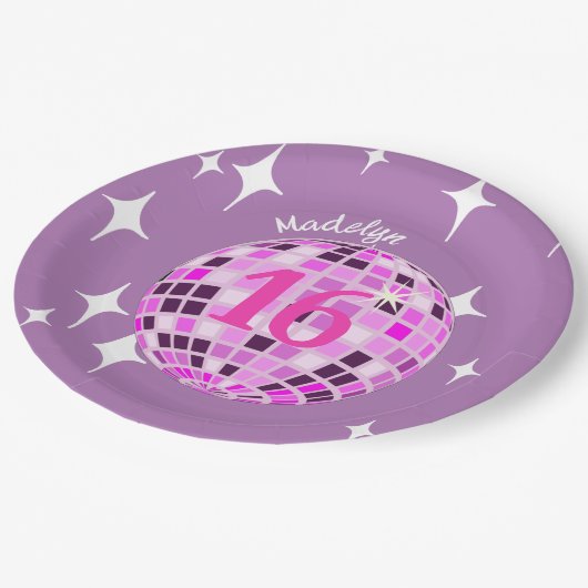 Paarse moderne Disco Mirror Ball 16th Birthday Papieren Bordje (Gekanteld)
