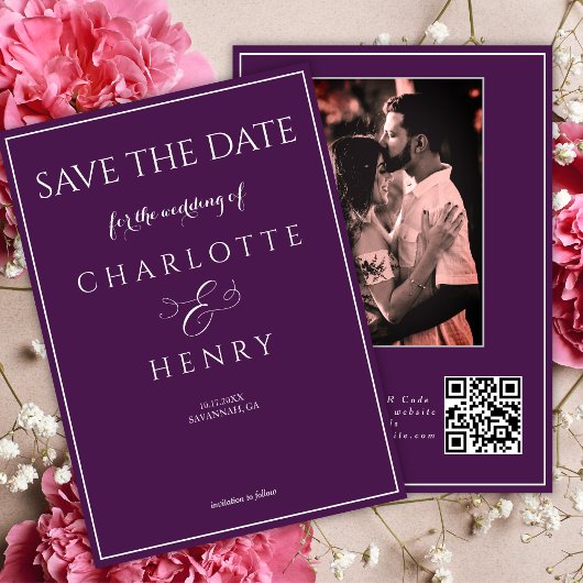 Paarse Moderne Elegante Kalligrafie Foto QR Code Save The Date