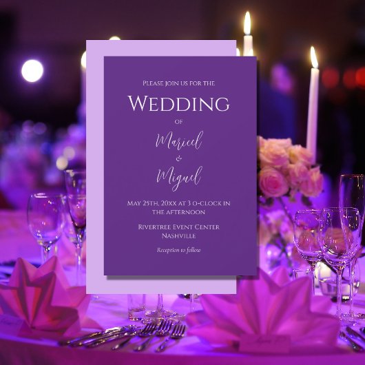 Paarse moderne elegante minimalistische bruiloft kaart