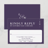 Paarse moderne elegante minimalistische monogram b RSVP kaartje (Voorkant / Achterkant)