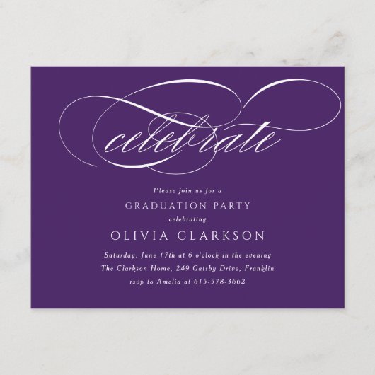 Paarse Moderne Elegante Script Afstudeerfeest Informatiekaartje (Voorkant)