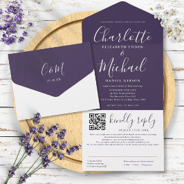 Paarse Moderne Elegante Script QR Code Trouwen All In One Uitnodiging