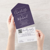 Paarse Moderne Elegante Script QR Code Trouwen All In One Uitnodiging (Afscheurbaar)