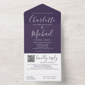 Paarse Moderne Elegante Script QR Code Trouwen All In One Uitnodiging (Binnen)