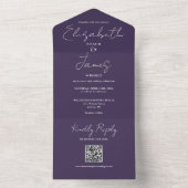 Paarse moderne elegante script QR-code trouwfeest All In One Uitnodiging (Binnen)
