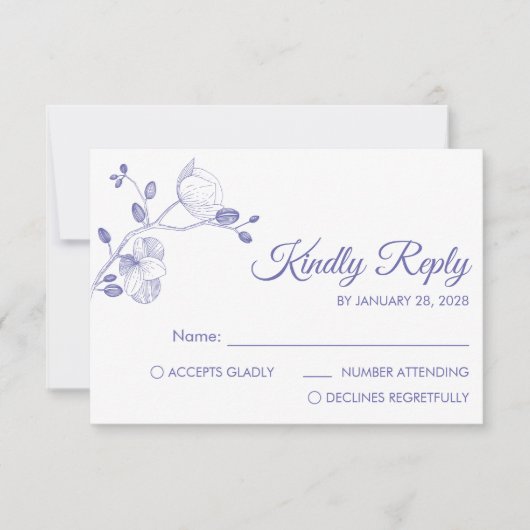 Paarse moderne florelegant orchideeën minimalistis RSVP kaartje (Voorkant)