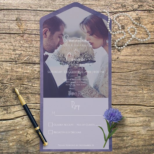 Paarse moderne foto geen diner all in one uitnodiging