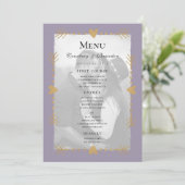 Paarse moderne foto gouden harten bruiloft menu (Staand voorkant)