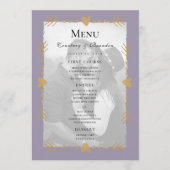 Paarse moderne foto gouden harten bruiloft menu (Voorkant)