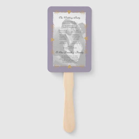Paarse moderne foto gouden harten bruiloft program handwaaier (Achterkant)