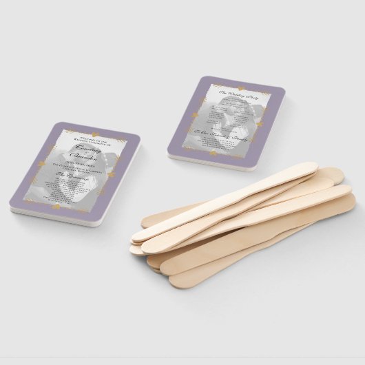 Paarse moderne foto gouden harten bruiloft program handwaaier (Niet-gemonteerd)