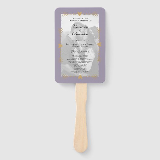Paarse moderne foto gouden harten bruiloft program handwaaier (Voorkant)