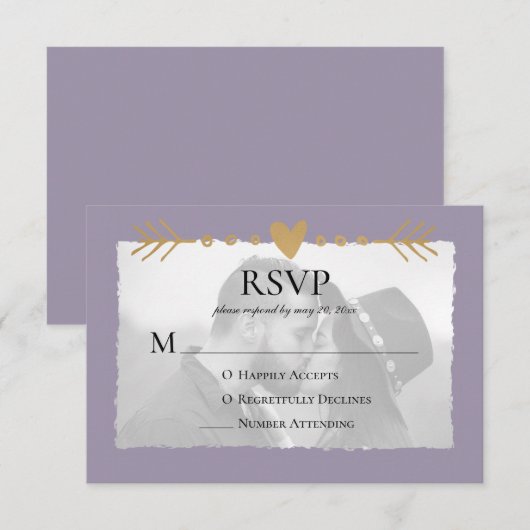 Paarse moderne foto gouden harten RSVP kaartje (Voorkant / Achterkant)