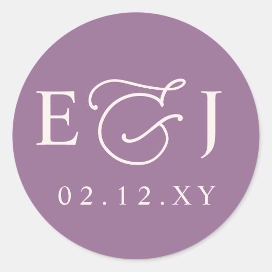 Paarse Moderne Initiaal Monogram Huwelijk Ronde Sticker (Voorkant)
