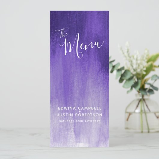Paarse moderne kunst trouwmenu menu (Staand voorkant)