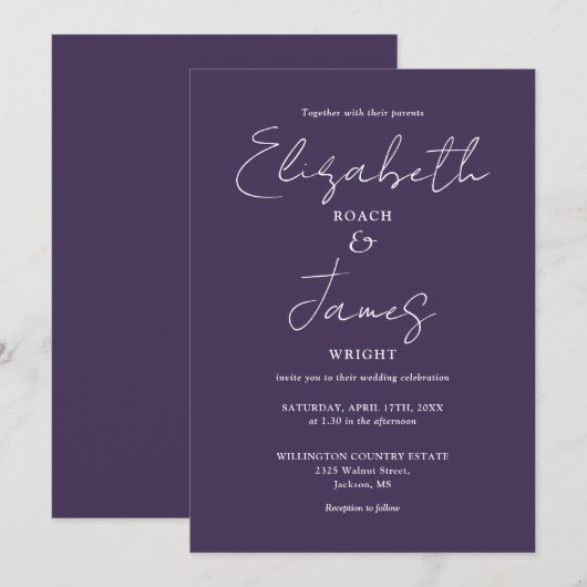 Paarse moderne minimalistische elegante script bru kaart (Voorkant / Achterkant)