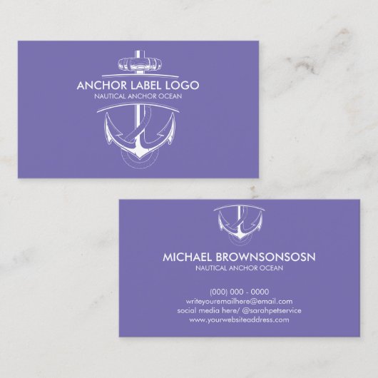 Paarse moderne nautische anker visitekaartje (Voorkant / Achterkant)