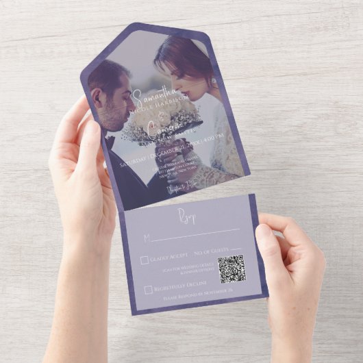 Paarse moderne QR-fotocode All In One Uitnodiging (Afscheurbaar)