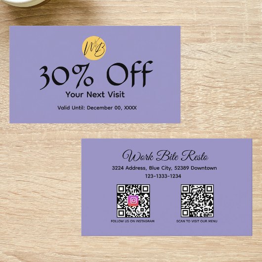 Paarse moderne restaurant Qr Code Menu en Kortingskaartje