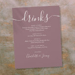 Paarse moderne scriptie bruiloft drankjes menu<br><div class="desc">Deze elegante script paarse minimalistische drankjes menu's zijn perfect voor elke viering. Ontworpen door Thisisnotme</div>