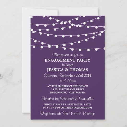 Paarse moderne String Lights Engagement Party Kaart (Voorkant)