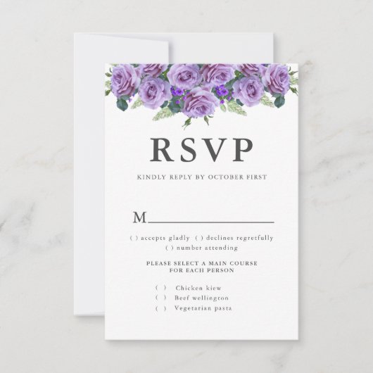 Paarse moderne typografie Elegant Floral Wedding RSVP Kaartje (Voorkant)