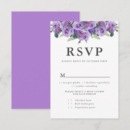 Paarse moderne typografie Elegant Floral Wedding RSVP Kaartje (Voorkant / Achterkant)
