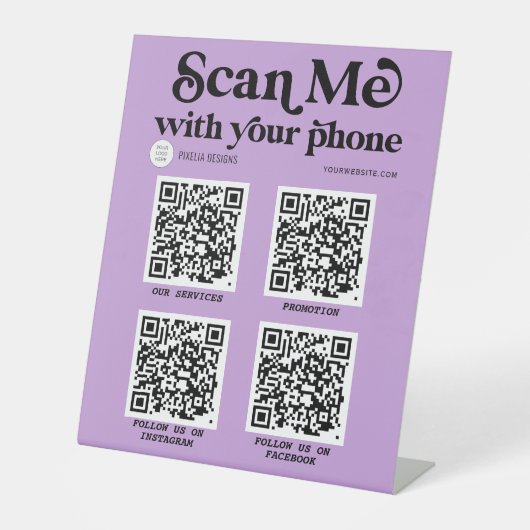 Paarse moderne typografie QR-code scannbaar Reclamebord Met Voetstuk (Voorkant)