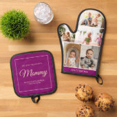 Paarse Moederdag Fotocollage Custom Gift Ovenwant & Pannenlap Set (Top down)