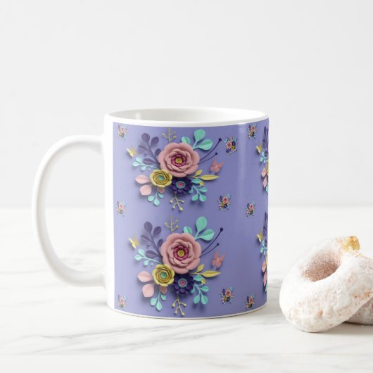 Paarse mok met pastelbloemen (Met donut)