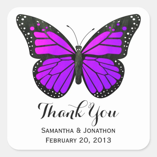Paarse monarch vlinder bruiloft dank u vierkante sticker (Voorkant)