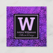 Paarse monogram bladpatroon botanisch vet modern vierkante visitekaartje (Voorkant)