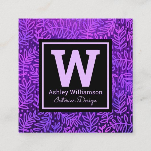 Paarse monogram bladpatroon botanisch vet modern vierkante visitekaartje (Voorkant)