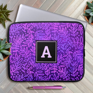 Paarse monogram bladpatroon vet typografie chic laptop sleeve