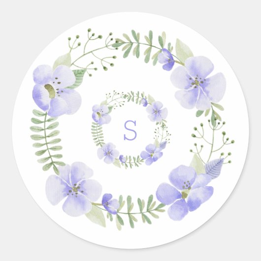 Paarse Monogram Bloemige Waterverf Elegant Ronde Sticker (Voorkant)