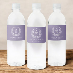 Paarse Monogram Botanische Bloemstuk Bruidsbloemen Waterfles Etiket