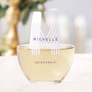 Paarse Monogram Bruidsmeisje Bruiloft Bachelorette Wijnglas Zonder Voet