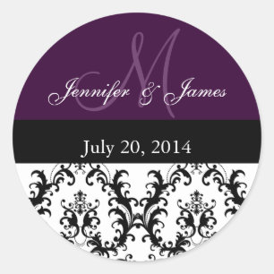 Paarse Monogram Damask voor Bruiloften Stickers