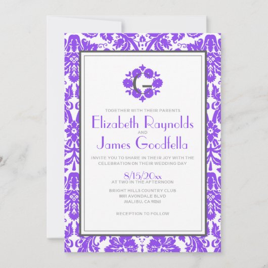 Paarse Monogram Damask Wedding Invitations Kaart (Voorkant)