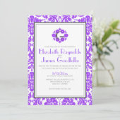 Paarse Monogram Damask Wedding Invitations Kaart (Staand voorkant)