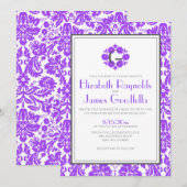 Paarse Monogram Damask Wedding Invitations Kaart (Voorkant / Achterkant)