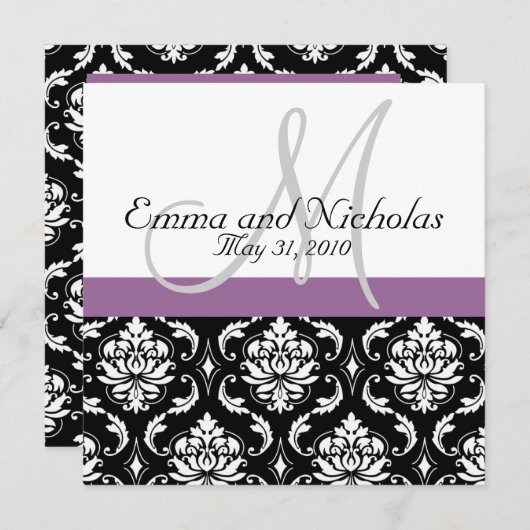 Paarse Monogram Damask Wedding Uitnodiging (Voorkant / Achterkant)