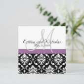 Paarse Monogram Damask Wedding Uitnodiging (Staand voorkant)