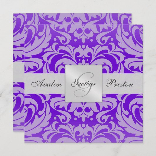 Paarse Monogram Damask Wedding Uitnodiging (Voorkant / Achterkant)
