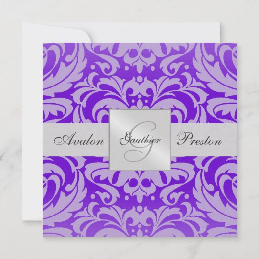 Paarse Monogram Damask Wedding Uitnodiging (Voorkant)